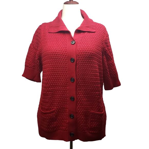 Chaps Red Basket Weave Sweater 2X Plus Size Vintage Cardigan Pockets Retro - Picture 1 of 9